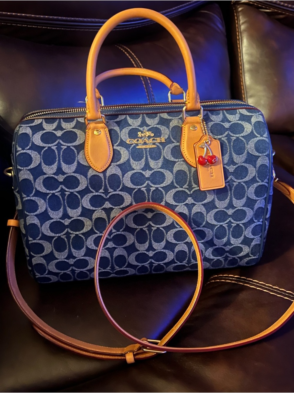 Large Coach Rowan Blue Signature Denim Satchel with Tan Leather Trim